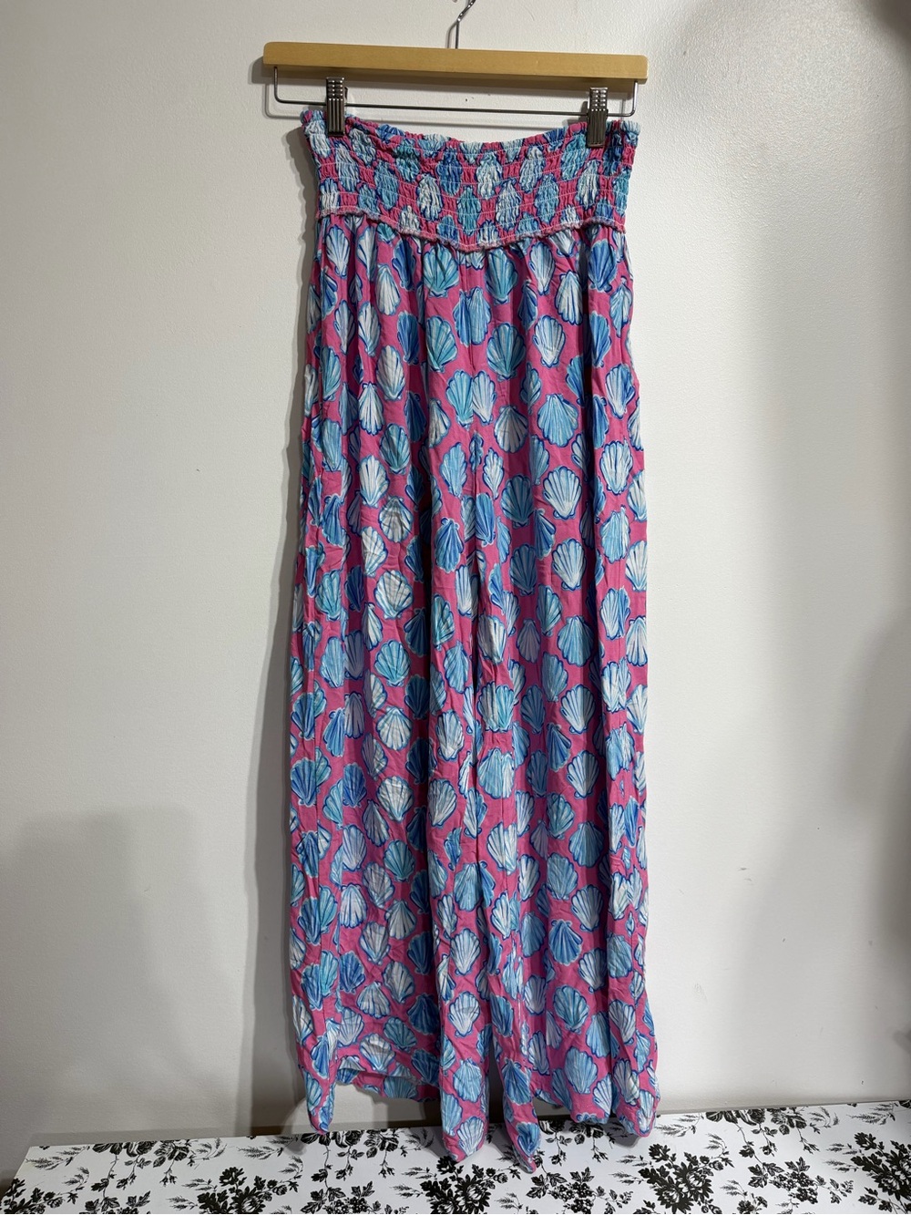 Simply Southern Pink Blue Seashell Print Smocked Waist Wide Leg Lounge Pants OSF